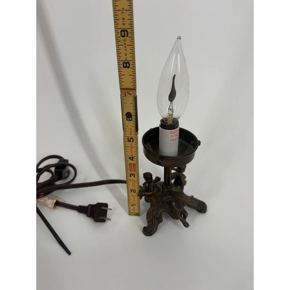 VTG‎ Cherub Table Lamp w/ Faux Flame Bulb Cast Metal Putti Accent Light